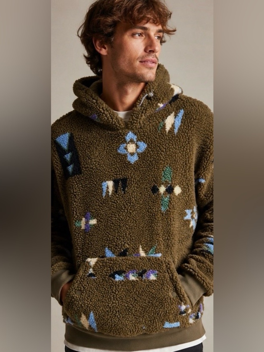 Scotch & Soda Men’s Sherpa Fleece Pullover Hoodie Olive Print Size Large L